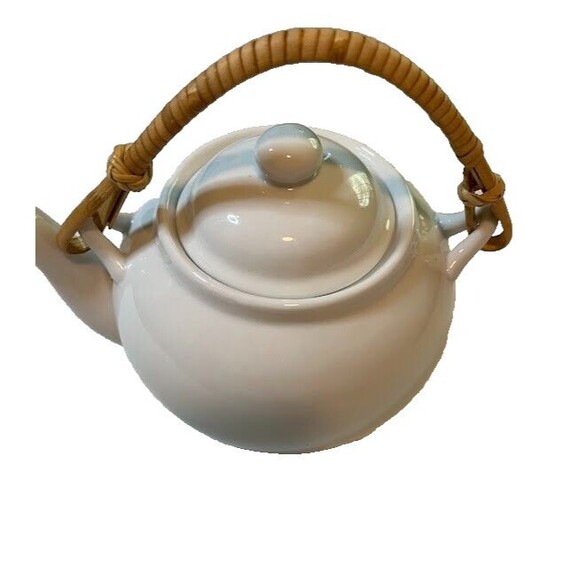 Pier 1 Cottagecore White Stoneware 3 Cup Teapot w/Bamboo Handle 5"H x 7"W - Picture 3 of 5